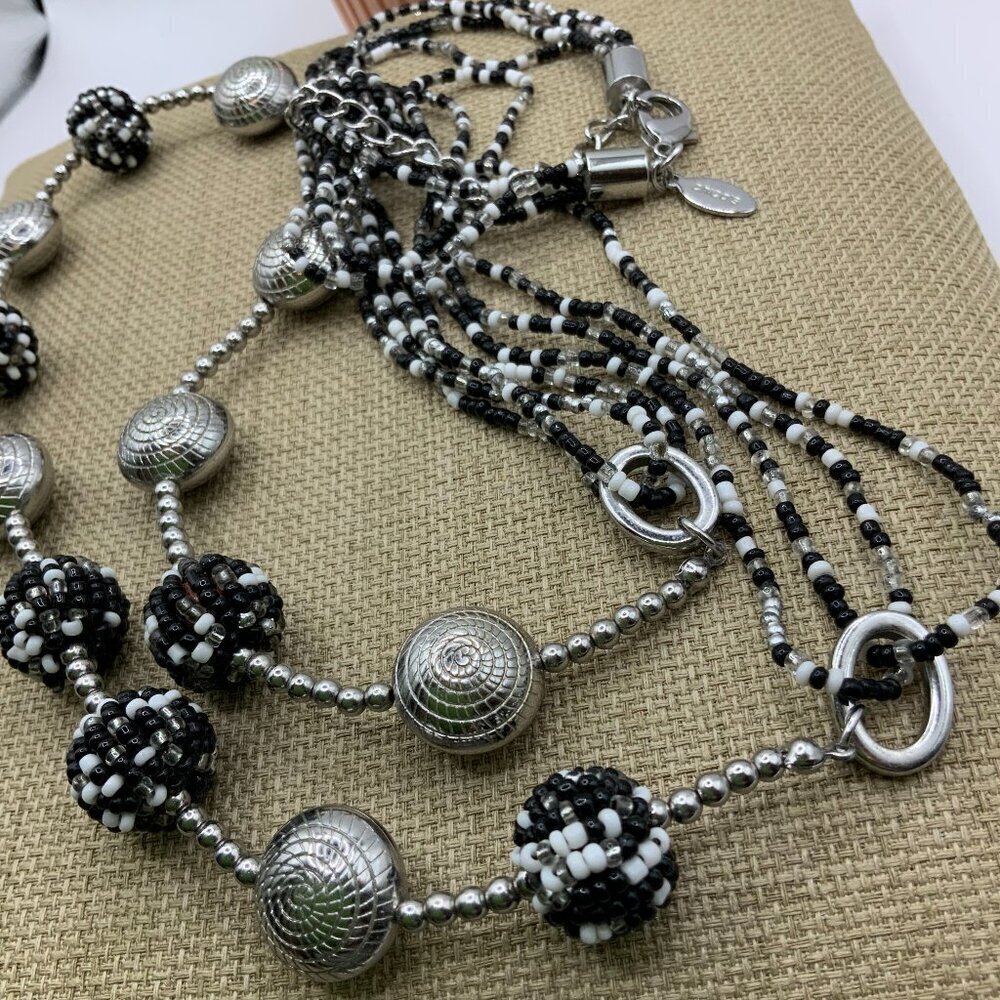 Chico's Black White Seed Beads Silver Tone Double Strand Necklace